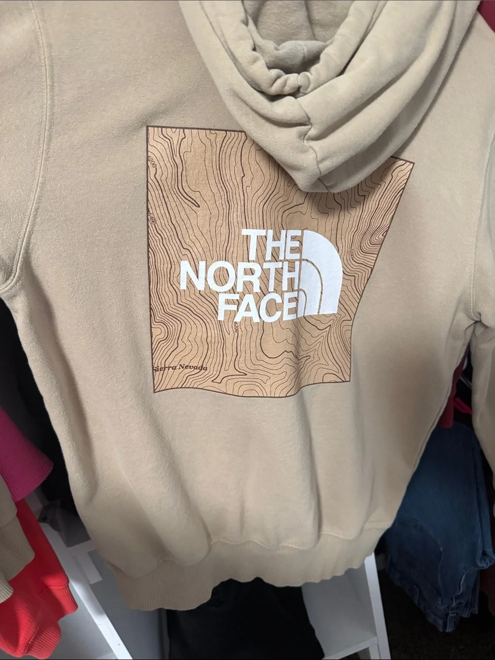 The North Face Men's Tan Crewneck Hoodie with White Logo Graphic